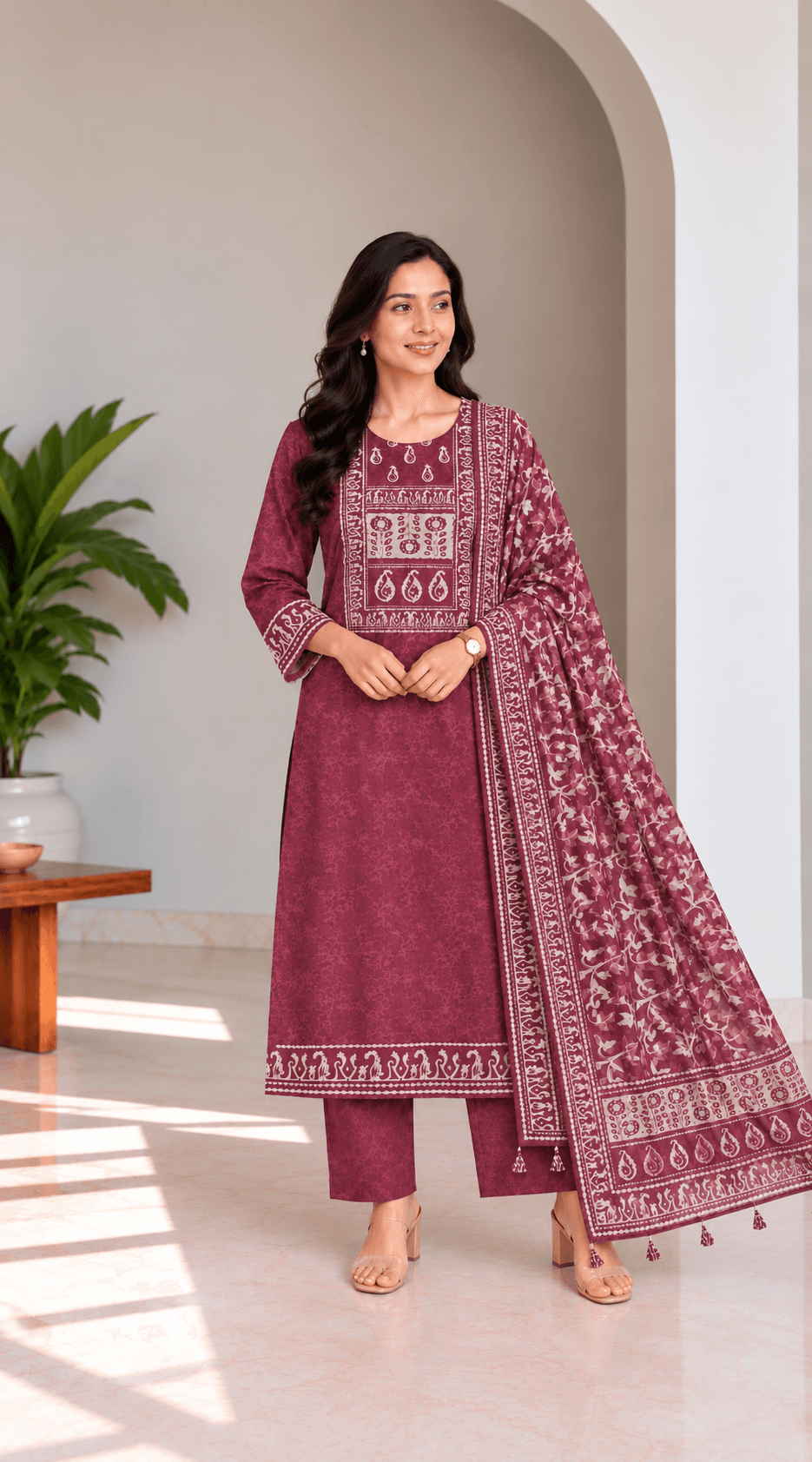 VISRA Handcrafted Wine Maroon Chanderi Suit Set