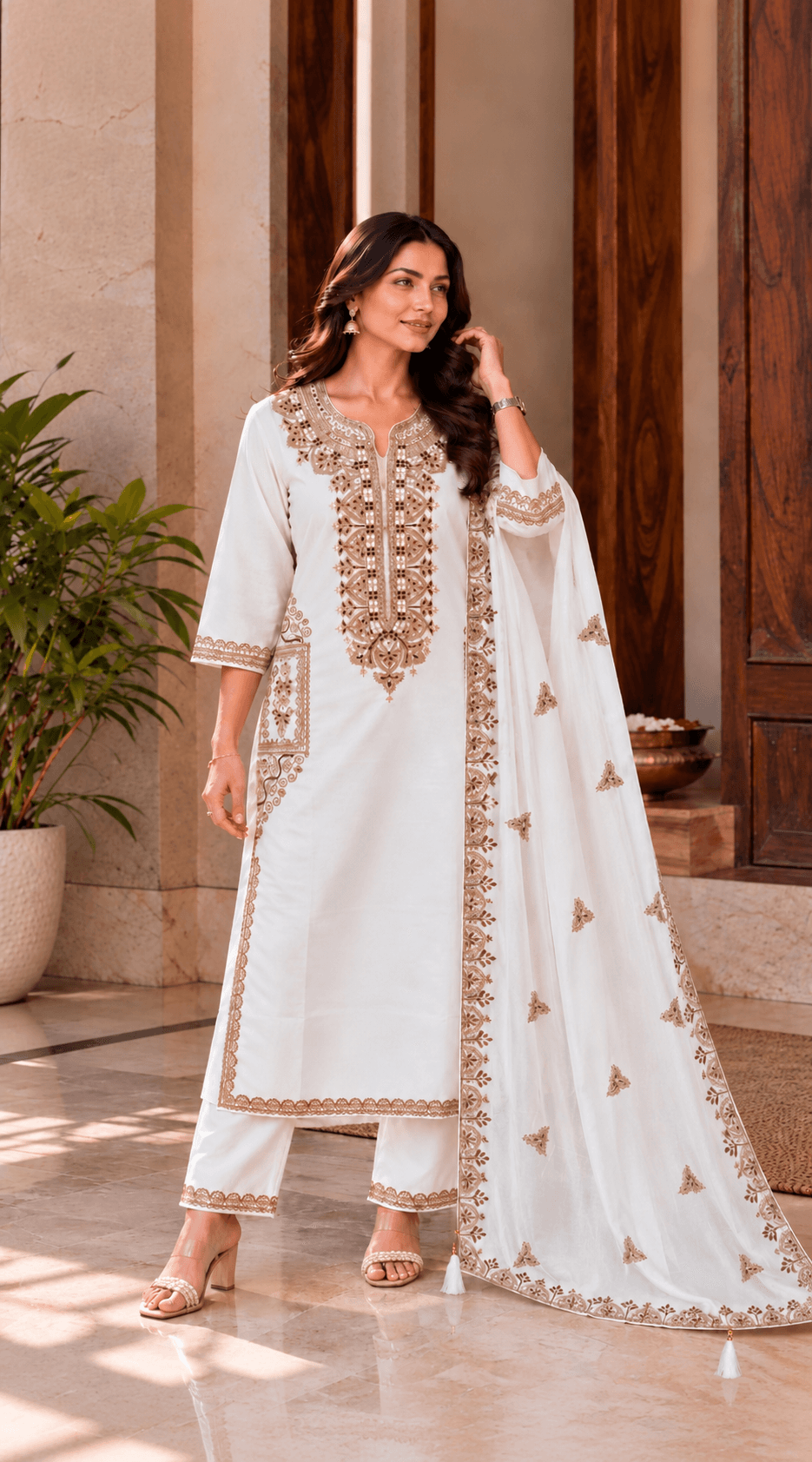 Ivory White & Gold Embroidered Ethnic Suit Set with Dupatta