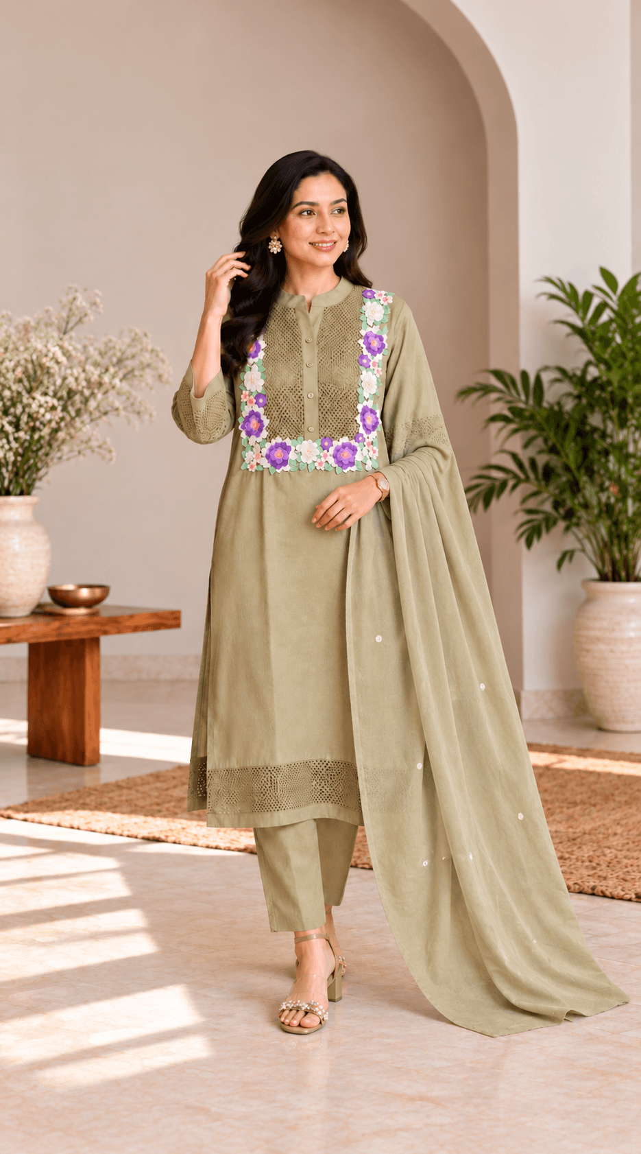 Sage Green Floral Embroidered Mul Chanderi Suit Set with Dupatta