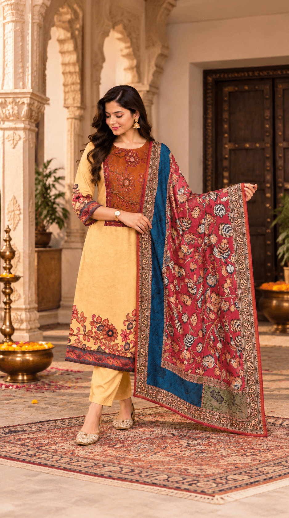 Mustard Yellow Floral Printed Silk Suit Set with Dupatta