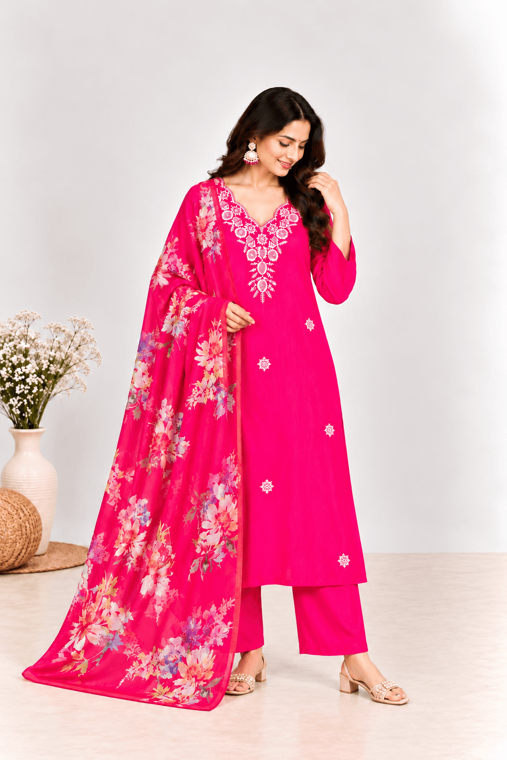 Rani Pink Embroidered Roman Silk Suit Set with Floral Dupatta